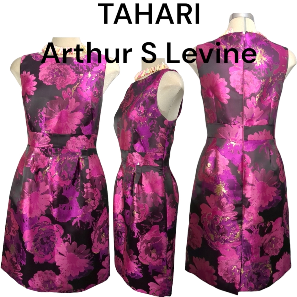 TAHARI Arthur S Levine Satin Purple Gold & Black Dress Size 8